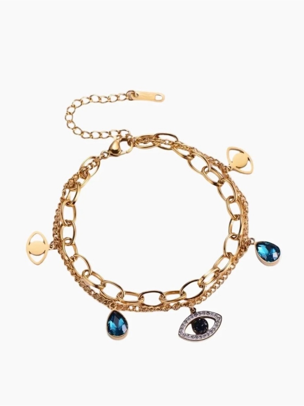 Gold Evil Eye Charm Bracelet with Dark Blue Crystal Drops New